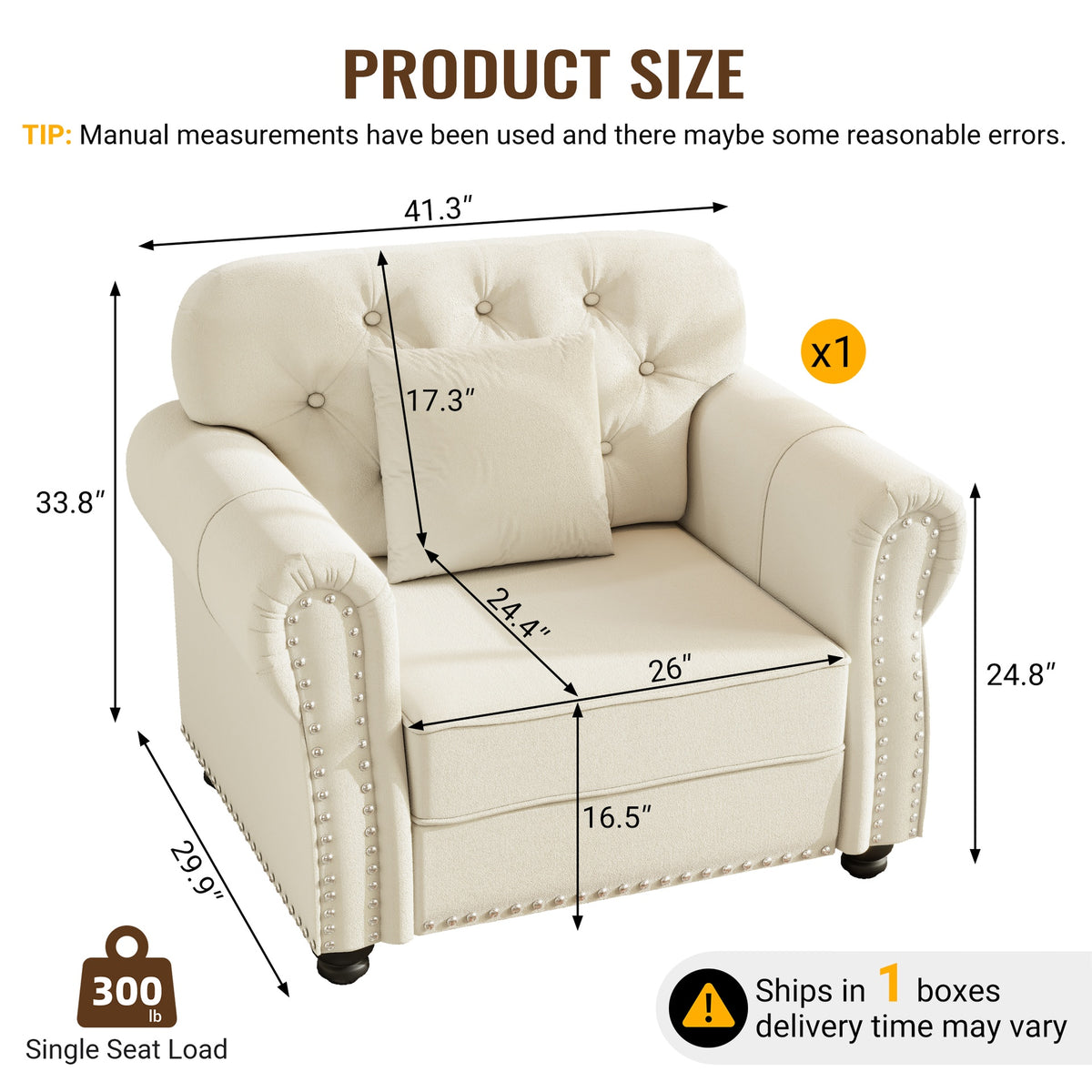 41.3"Upholstered Velvet Sofa with Nailhead Trim and Rolled Armrests,Mid-Century Modern Chesterfield Sofa with Button  Tufted,Includes 1 Pillows,Beige/White