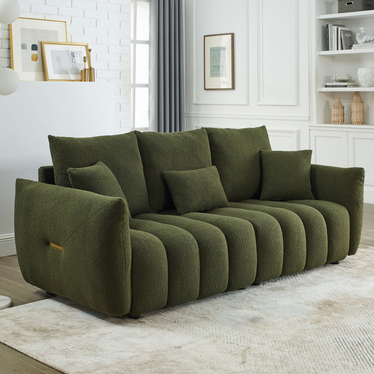 MH 79.5" Premium Teddy fabric Sofa with 3 Back Pillows and 3 back Cushions Solid Wood Frame 3-Seater Sofa, Oversized Upholstered Chair for Living Room, Bedroom, Apartment and Office