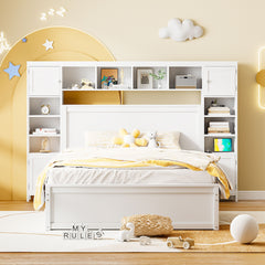 Queen Size Wooden Bed With All-in-One Cabinet, Shelf and Sockets,Twin XL Trundle,White