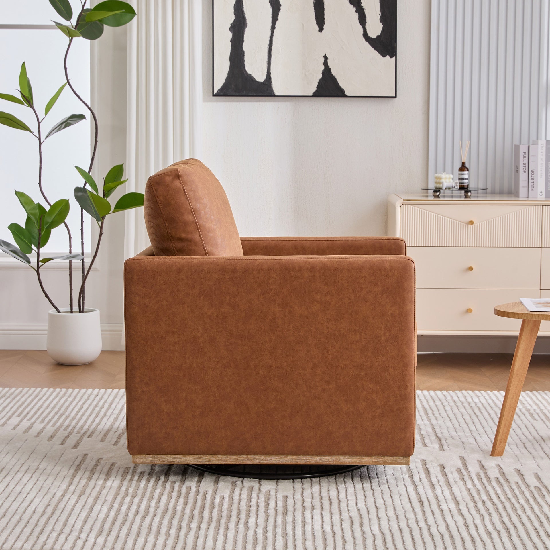 30.7"W Upholstered Square Swivel Accent Chair and Comfy Accent Single Sofa Chair, 360 Degree Club Chair, Lounge Armchair for Living Room Bedroom Apartment Nursery. Brown PU
