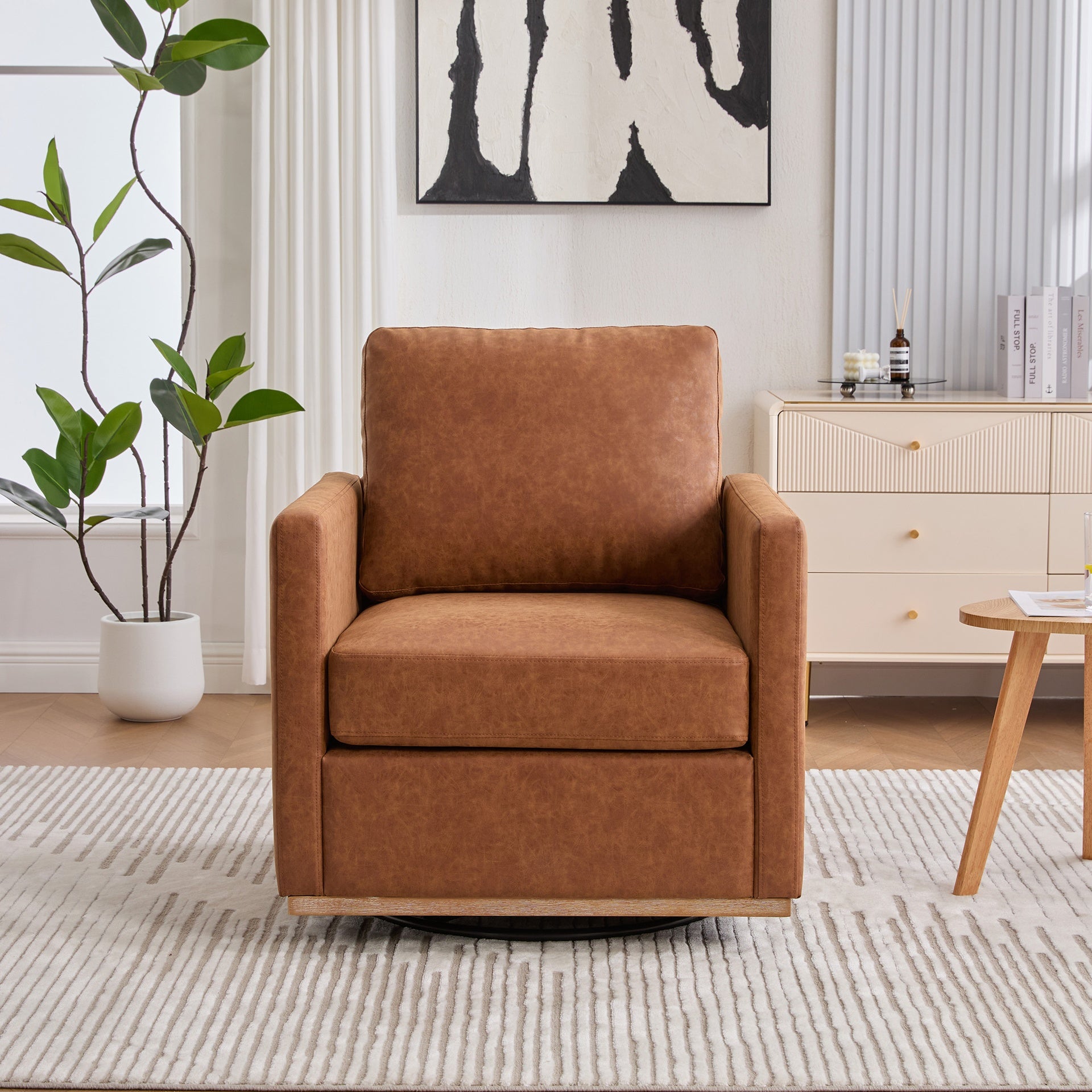 30.7"W Upholstered Square Swivel Accent Chair and Comfy Accent Single Sofa Chair, 360 Degree Club Chair, Lounge Armchair for Living Room Bedroom Apartment Nursery. Brown PU