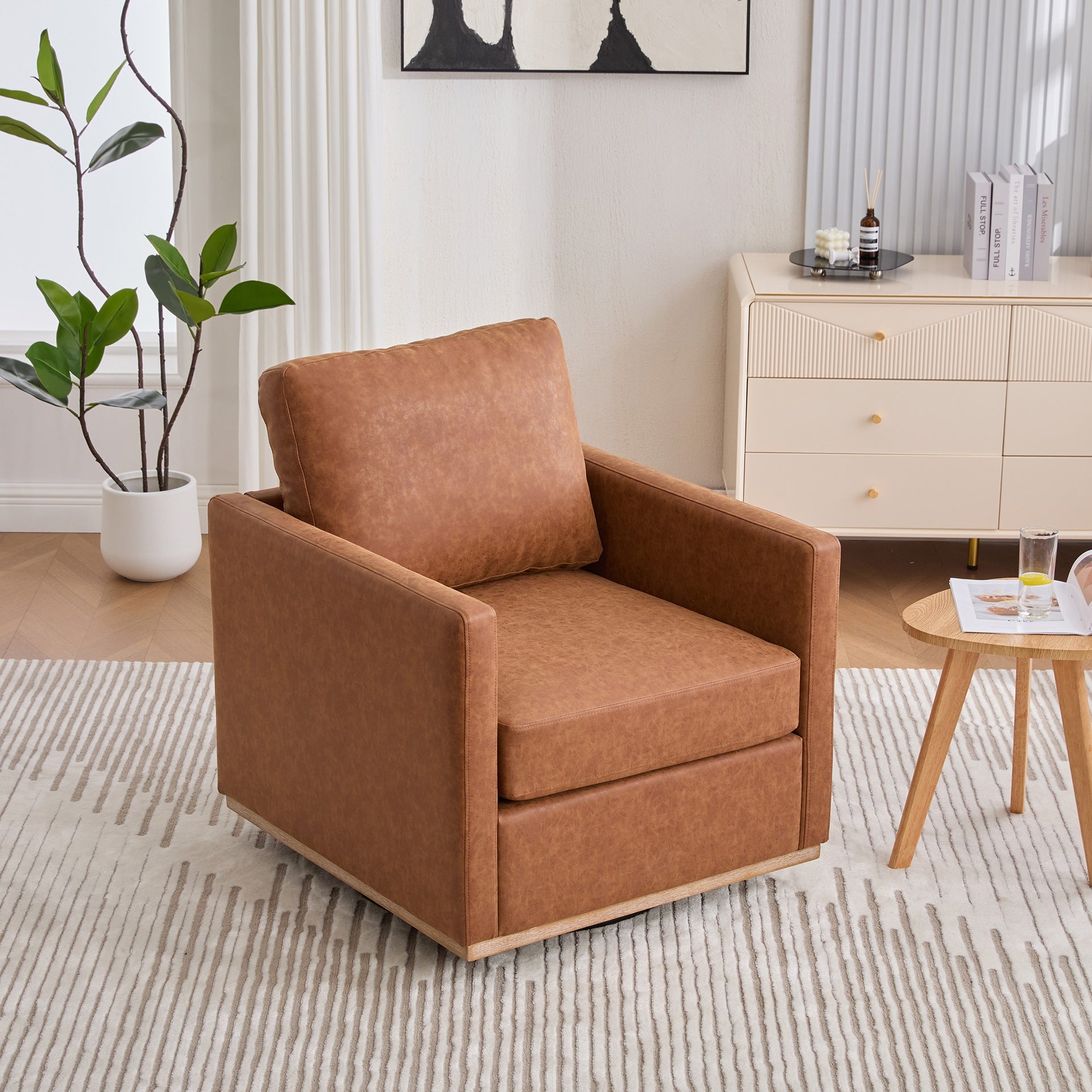 30.7"W Upholstered Square Swivel Accent Chair and Comfy Accent Single Sofa Chair, 360 Degree Club Chair, Lounge Armchair for Living Room Bedroom Apartment Nursery. Brown PU