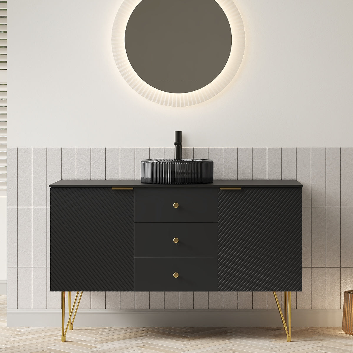 GEMA 48" Bathroom Vanity & Sink, Freestanding Plywood Storage Cabinet with 4 Gold Legs, 3 Drawers and 2 Doors, Transparent Black Round Glass Basin & Black Sintered Stone Top, Pre-assembled, Black