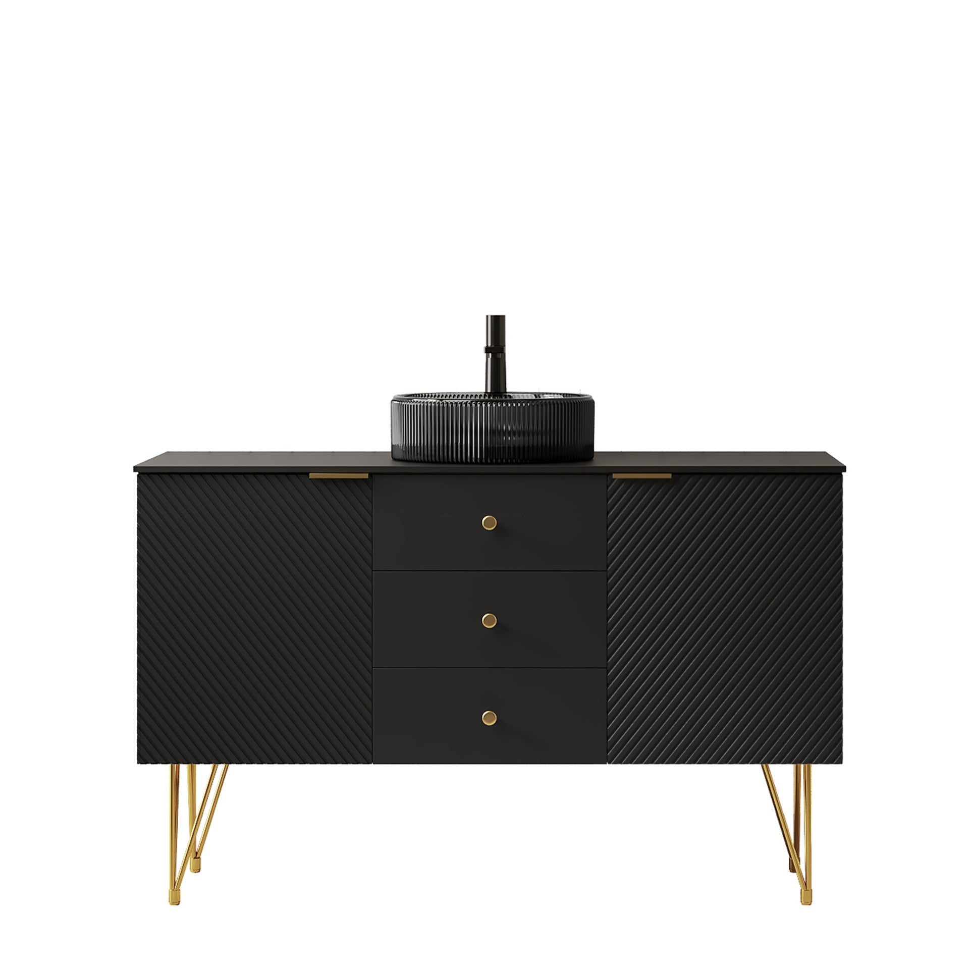 GEMA 48" Bathroom Vanity & Sink, Freestanding Plywood Storage Cabinet with 4 Gold Legs, 3 Drawers and 2 Doors, Transparent Black Round Glass Basin & Black Sintered Stone Top, Pre-assembled, Black