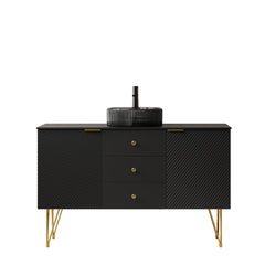 GEMA 48" Bathroom Vanity & Sink, Freestanding Plywood Storage Cabinet with 4 Gold Legs, 3 Drawers and 2 Doors, Transparent Black Round Glass Basin & Black Sintered Stone Top, Pre-assembled, Black