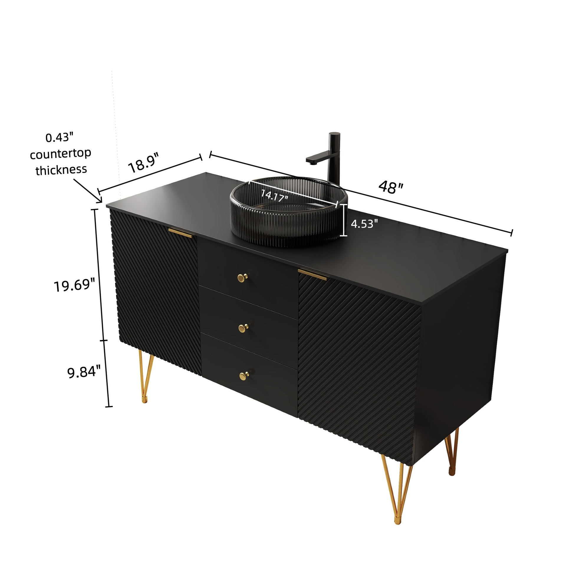 GEMA 48" Bathroom Vanity & Sink, Freestanding Plywood Storage Cabinet with 4 Gold Legs, 3 Drawers and 2 Doors, Transparent Black Round Glass Basin & Black Sintered Stone Top, Pre-assembled, Black