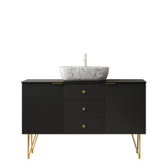 GEMA 48" Bathroom Vanity with Sink, Freestanding Plywood Storage Cabinet with Gold Legs, 3 Drawers and 2 Doors, White Marble Pattern Ceramic Vessel Basin & Sintered Stone Top, Pre-assembled, Black