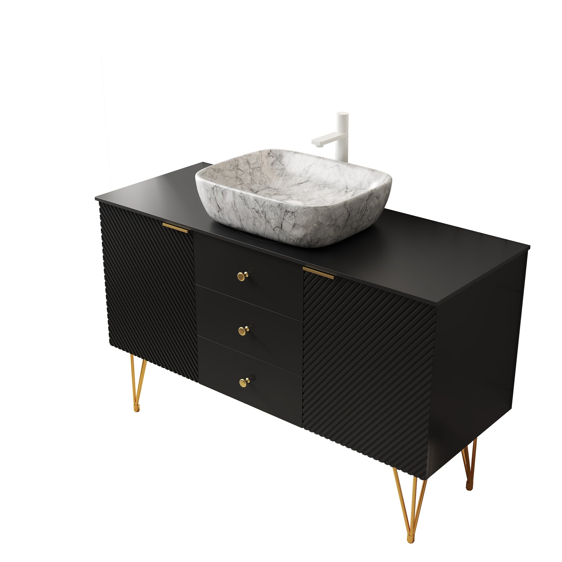 GEMA 48" Bathroom Vanity with Sink, Freestanding Plywood Storage Cabinet with Gold Legs, 3 Drawers and 2 Doors, White Marble Pattern Ceramic Vessel Basin & Sintered Stone Top, Pre-assembled, Black