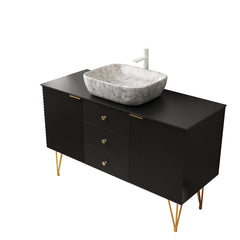 GEMA 48" Bathroom Vanity with Sink, Freestanding Plywood Storage Cabinet with Gold Legs, 3 Drawers and 2 Doors, White Marble Pattern Ceramic Vessel Basin & Sintered Stone Top, Pre-assembled, Black