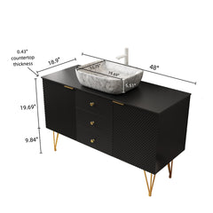 GEMA 48" Bathroom Vanity with Sink, Freestanding Plywood Storage Cabinet with Gold Legs, 3 Drawers and 2 Doors, White Marble Pattern Ceramic Vessel Basin & Sintered Stone Top, Pre-assembled, Black