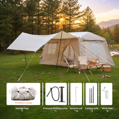 11 m ² Inflatable Tents for Camping, Blow Up Tent with Hand Pump, Easy Setup InflatableTent 4 Season Tent with Canopy , Waterproof Oxford Air Glamping Tents for Camping Adult 4/6/8 Person
