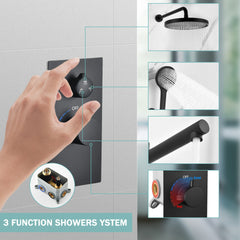 Luxury 3-Function Shower System Set - Solid Brass Control Valve, 10" Overhead Shower, 3-Spray Handheld, with Bathtub Spout
