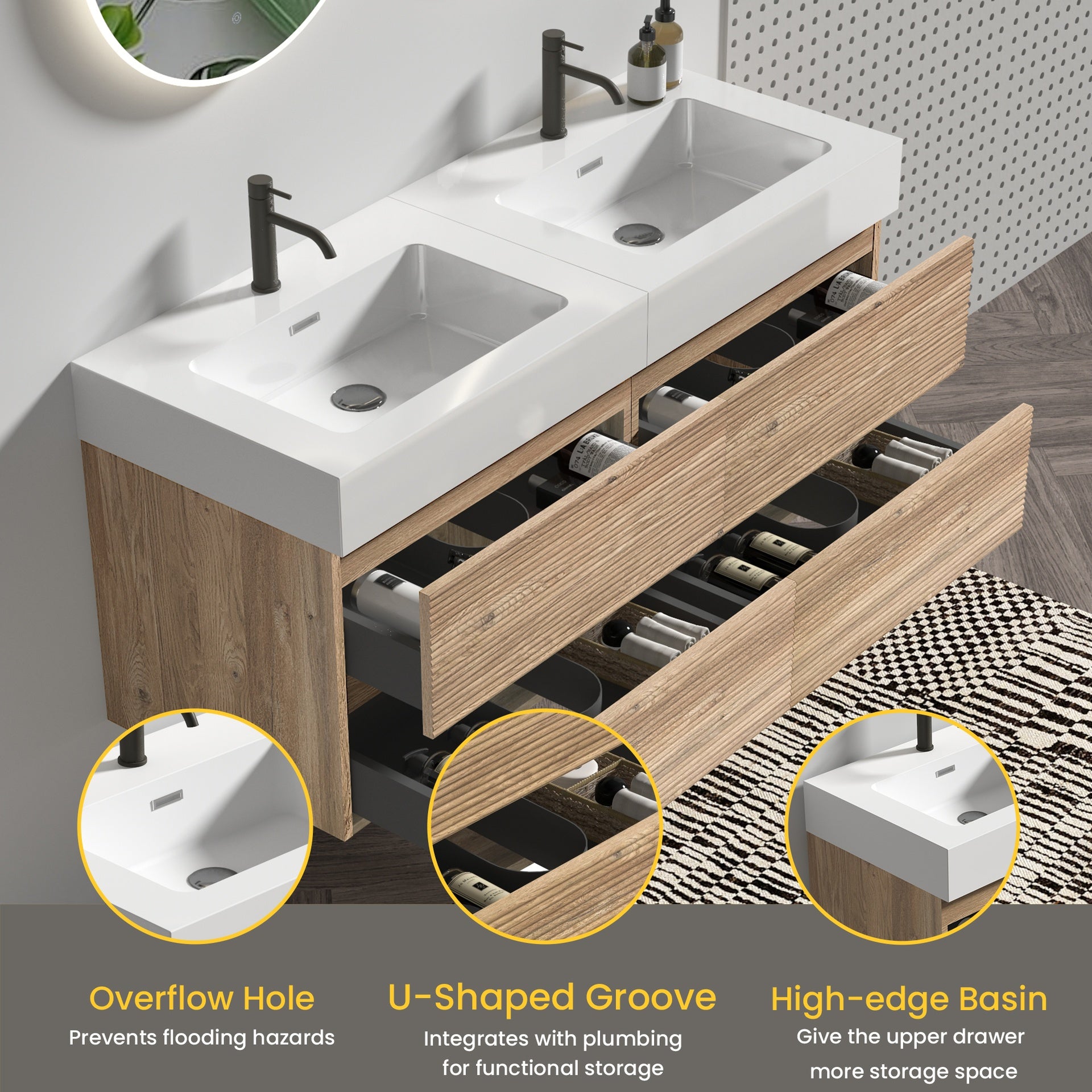 Grace 72''(36Inch*2) Bathroom Vanity with Oak Engineered Quartz Sink and Rough Oak Drawers, Wall Mounted Floating Bathroom Vanity, One-Piece Basin without drainage and faucet, KD