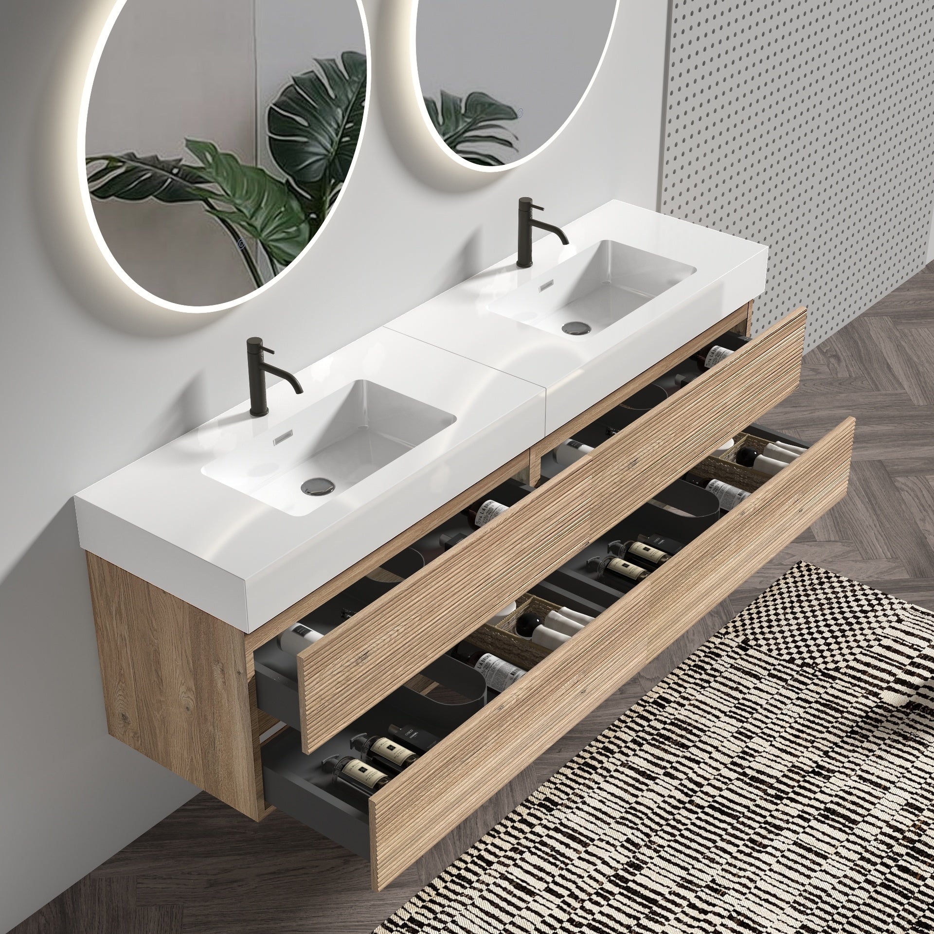 Grace 72''(36Inch*2) Bathroom Vanity with Oak Engineered Quartz Sink and Rough Oak Drawers, Wall Mounted Floating Bathroom Vanity, One-Piece Basin without drainage and faucet, KD