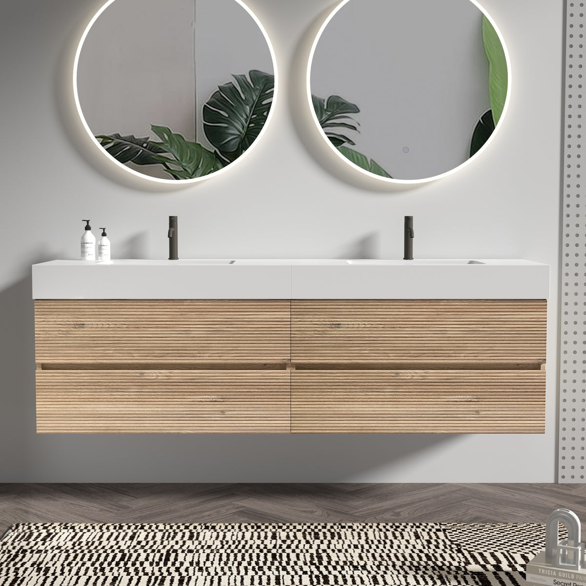 Grace 72''(36Inch*2) Bathroom Vanity with Oak Engineered Quartz Sink and Rough Oak Drawers, Wall Mounted Floating Bathroom Vanity, One-Piece Basin without drainage and faucet, KD