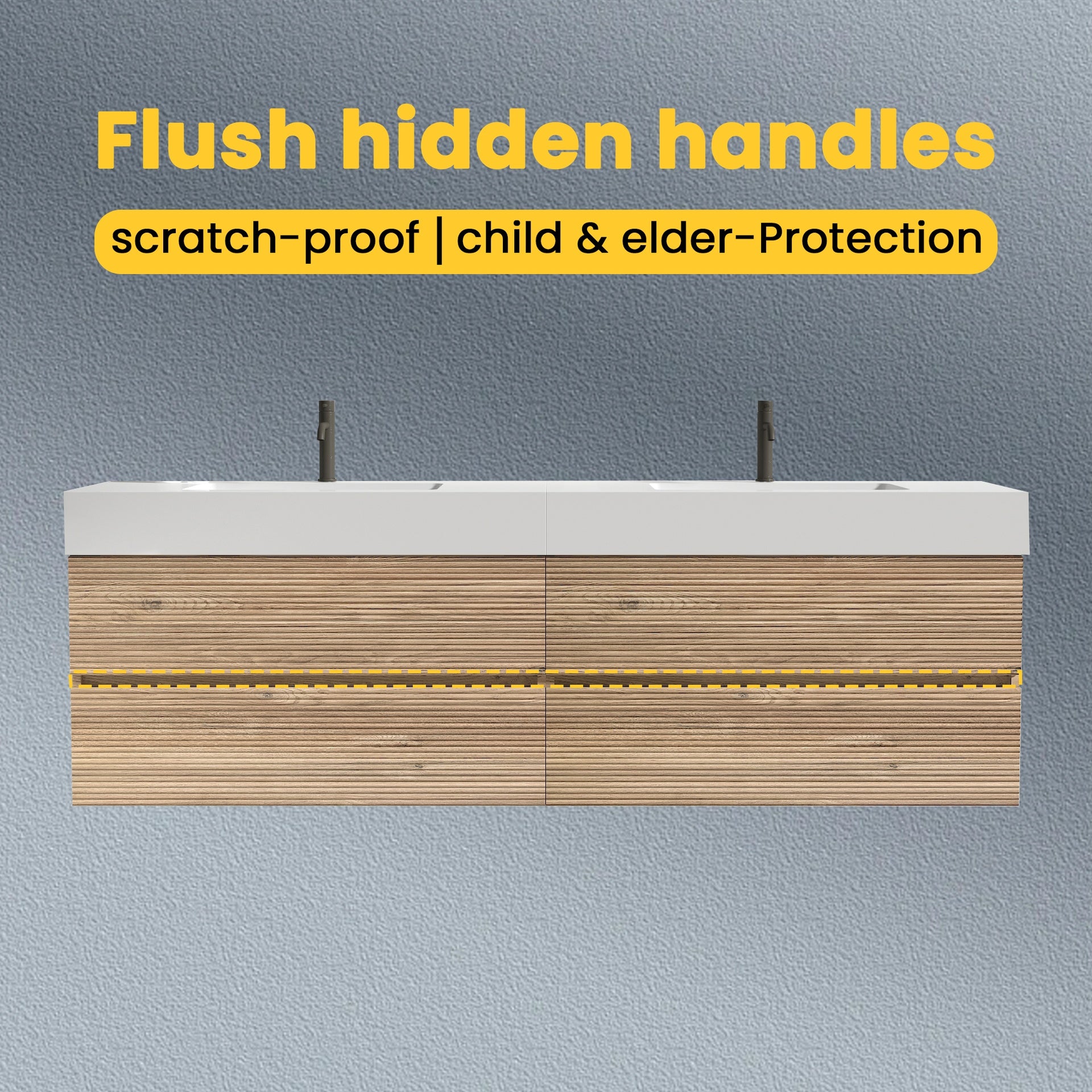 Grace 72''(36Inch*2) Bathroom Vanity with Oak Engineered Quartz Sink and Rough Oak Drawers, Wall Mounted Floating Bathroom Vanity, One-Piece Basin without drainage and faucet, KD