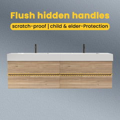 Grace 72''(36Inch*2) Bathroom Vanity with Oak Engineered Quartz Sink and Rough Oak Drawers, Wall Mounted Floating Bathroom Vanity, One-Piece Basin without drainage and faucet, KD
