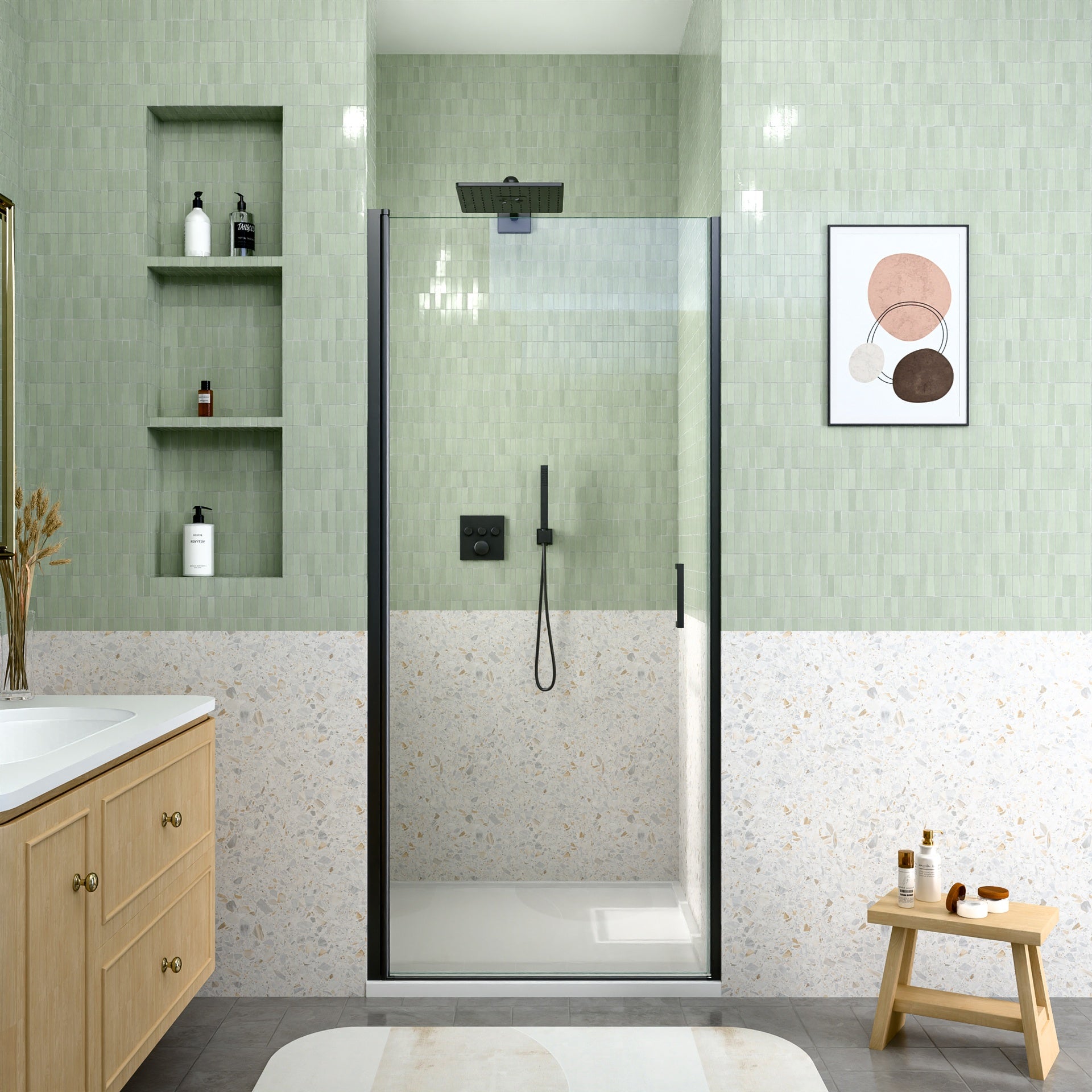 34" W x 72" H Semi-Frameless Circular Pivot Shower Door in Matte Black With 1/4" (6mm) Thick SGCC Tempered Glass
