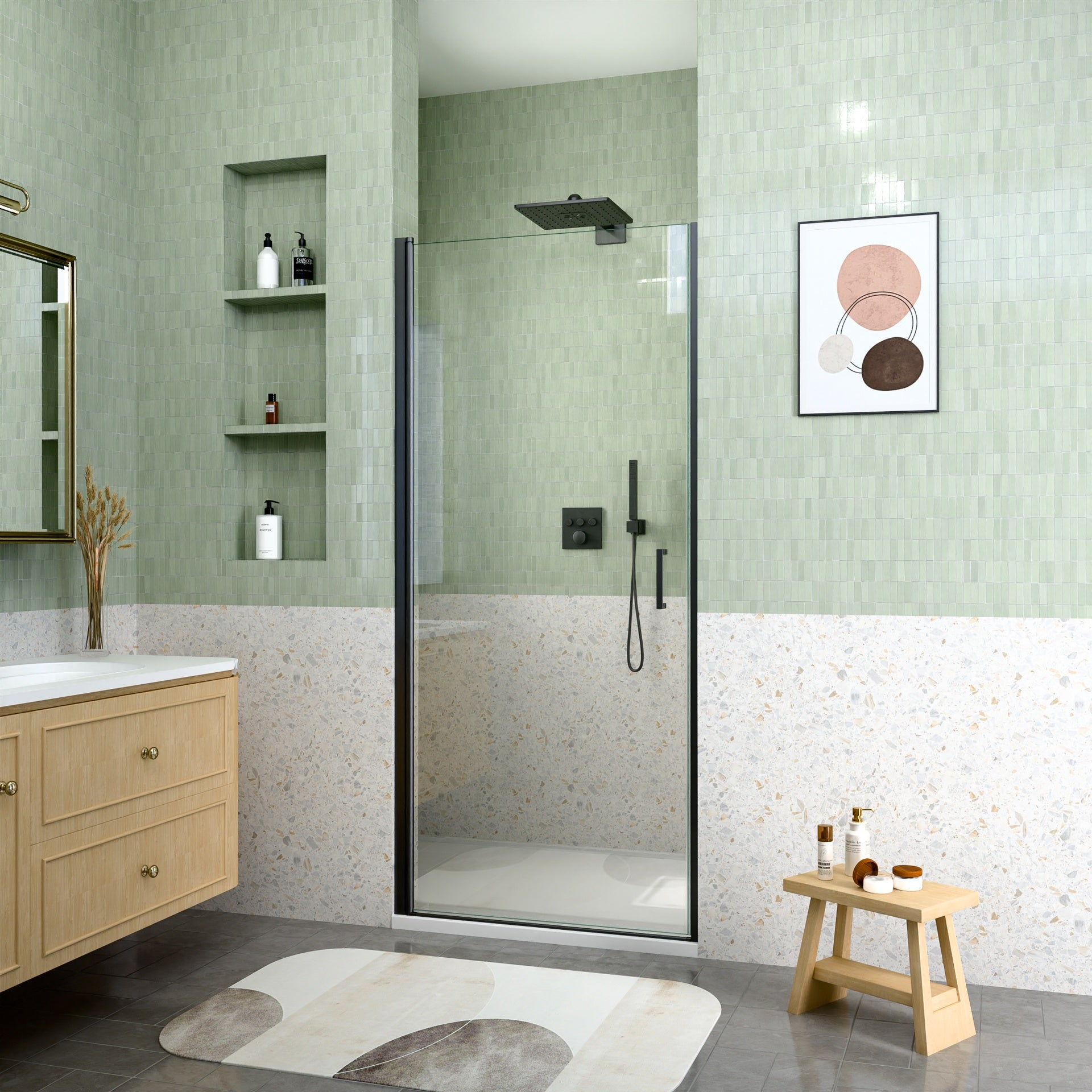 34" W x 72" H Semi-Frameless Circular Pivot Shower Door in Matte Black With 1/4" (6mm) Thick SGCC Tempered Glass