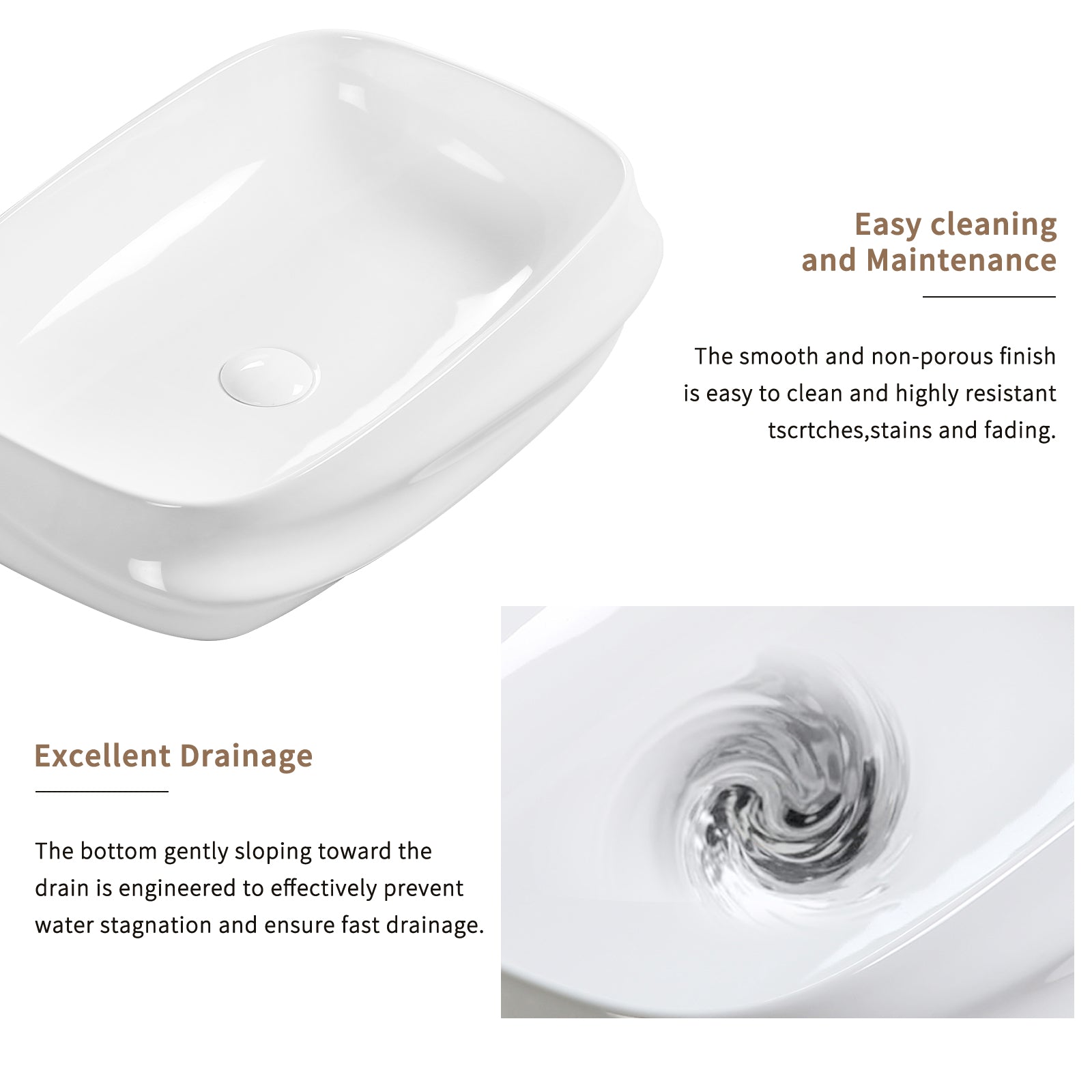 Modern Rectangular Ceramic Vessel Sink - 23.6"×16.9" Textured Bas Relief Design, No Faucet Hole, Gloss White Bathroom Basin N0 Drain (5.3" Height)