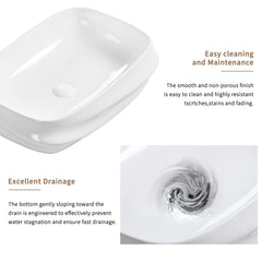 Modern Rectangular Ceramic Vessel Sink - 23.6"×16.9" Textured Bas Relief Design, No Faucet Hole, Gloss White Bathroom Basin N0 Drain (5.3" Height)