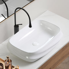Modern Rectangular Ceramic Vessel Sink - 23.6"×16.9" Textured Bas Relief Design, No Faucet Hole, Gloss White Bathroom Basin N0 Drain (5.3" Height)