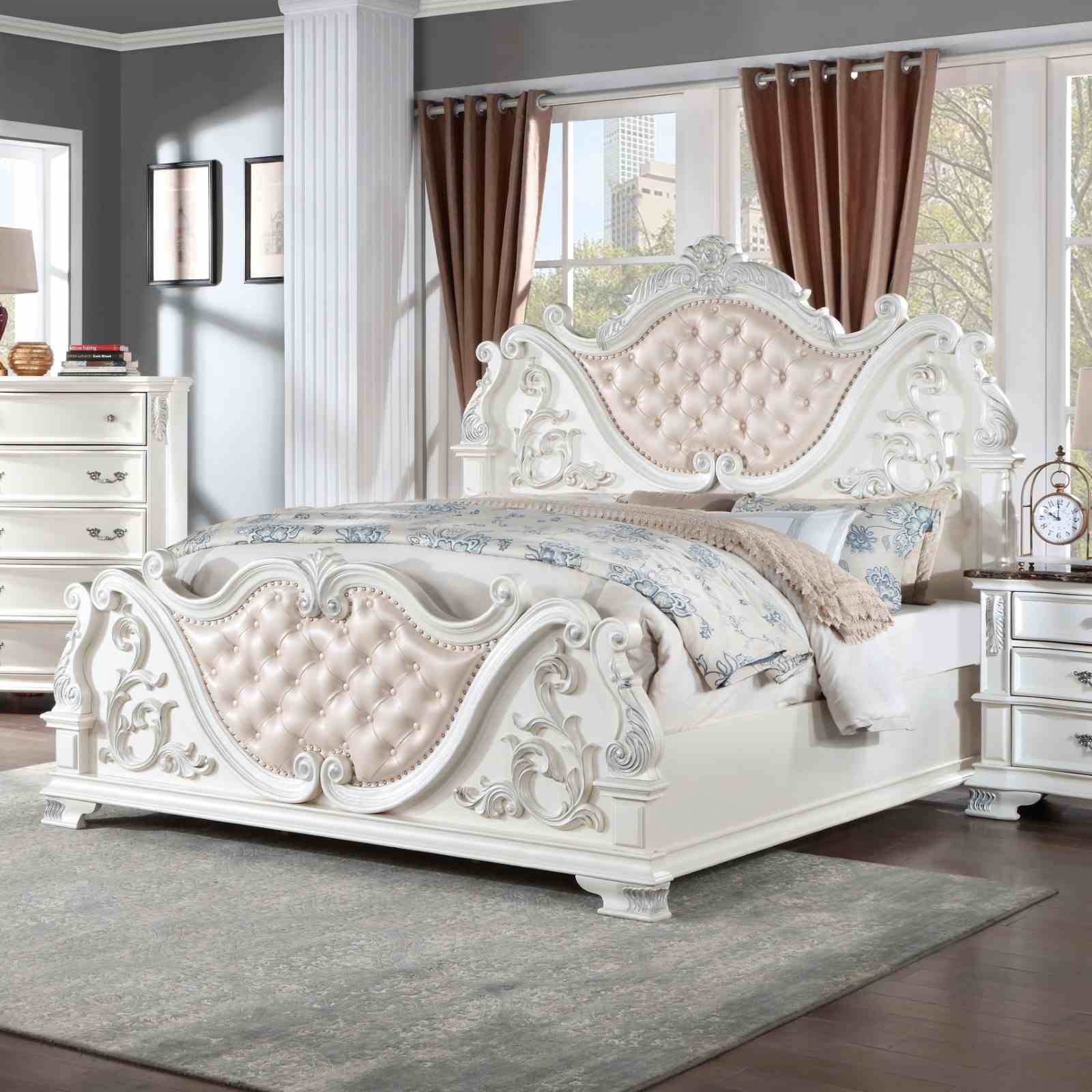Pearl White Traditional California King Size Bed Tufted HB Luxury Look 1pc Bed Bedroom Furniture Wooden