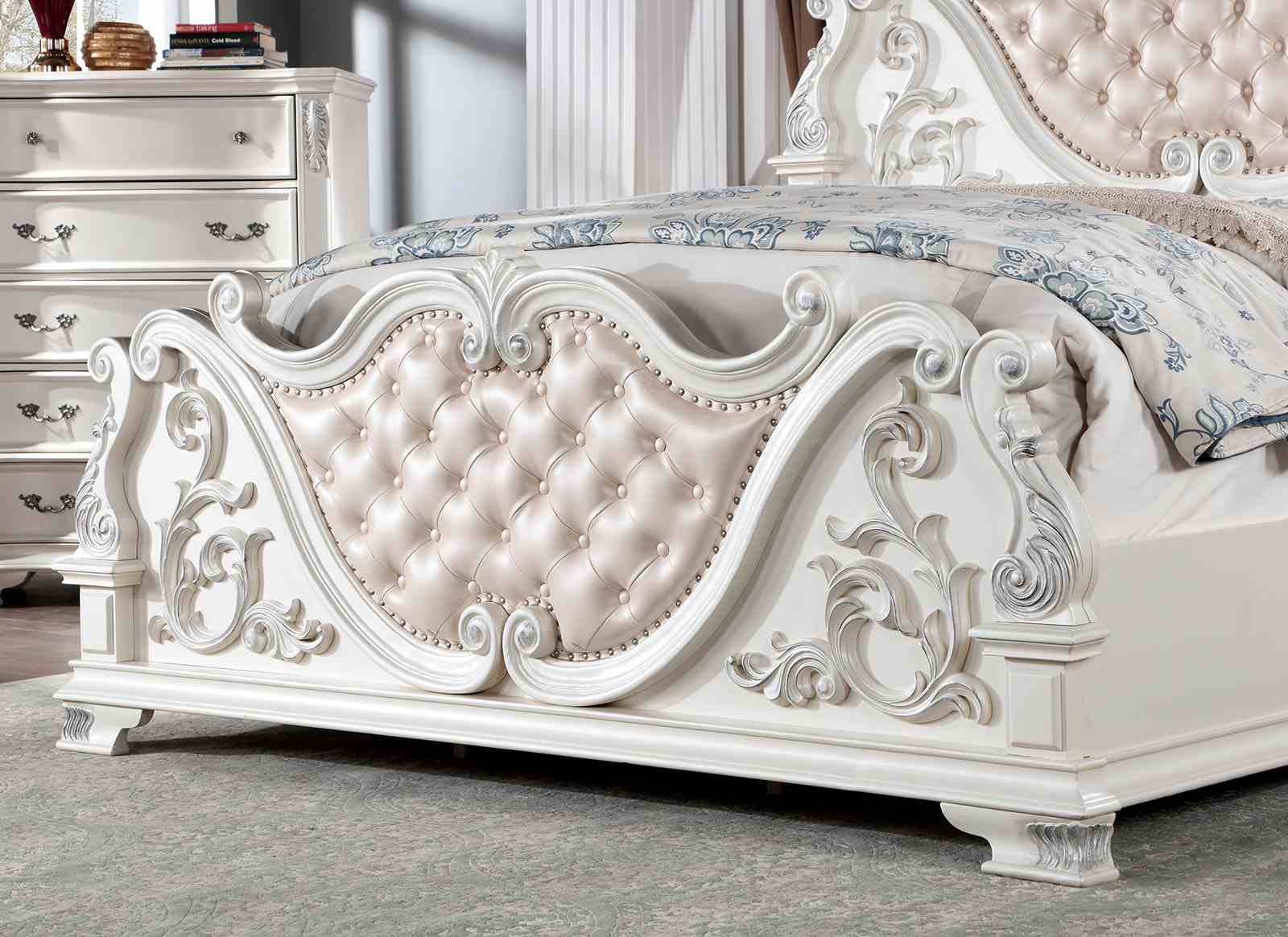 Pearl White Traditional California King Size Bed Tufted HB Luxury Look 1pc Bed Bedroom Furniture Wooden
