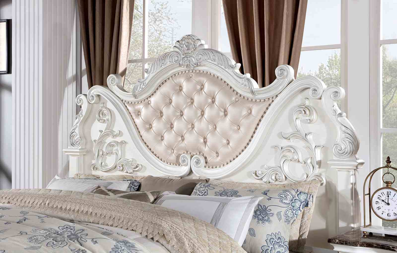 Pearl White Traditional California King Size Bed Tufted HB Luxury Look 1pc Bed Bedroom Furniture Wooden