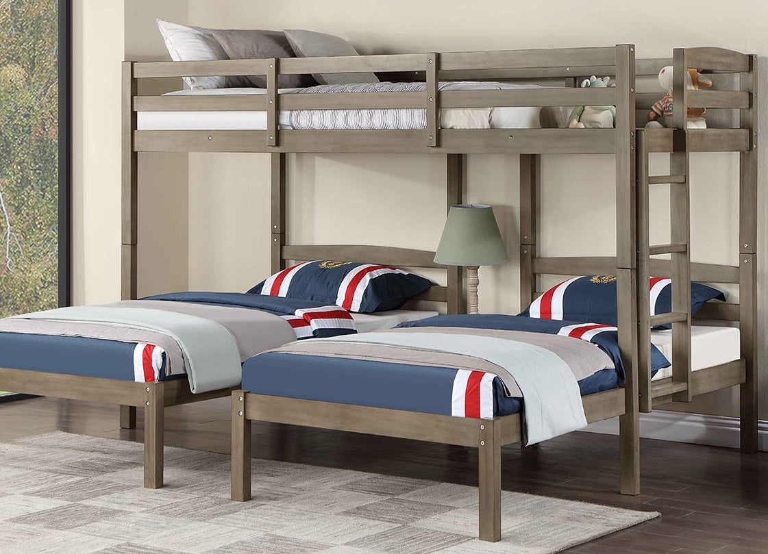Triple Twin Bed Transitional Style USB Port And Power Outlet On Builtin Nightstand With Drawer, Warm Grey
