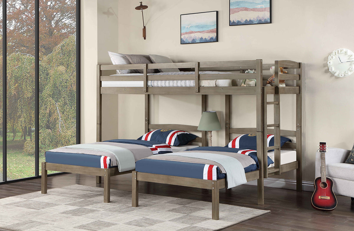 Triple Twin Bed Transitional Style USB Port And Power Outlet On Builtin Nightstand With Drawer, Warm Grey