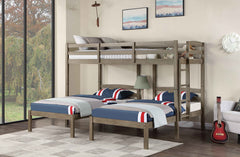 Triple Twin Bed Transitional Style USB Port And Power Outlet On Builtin Nightstand With Drawer, Warm Grey
