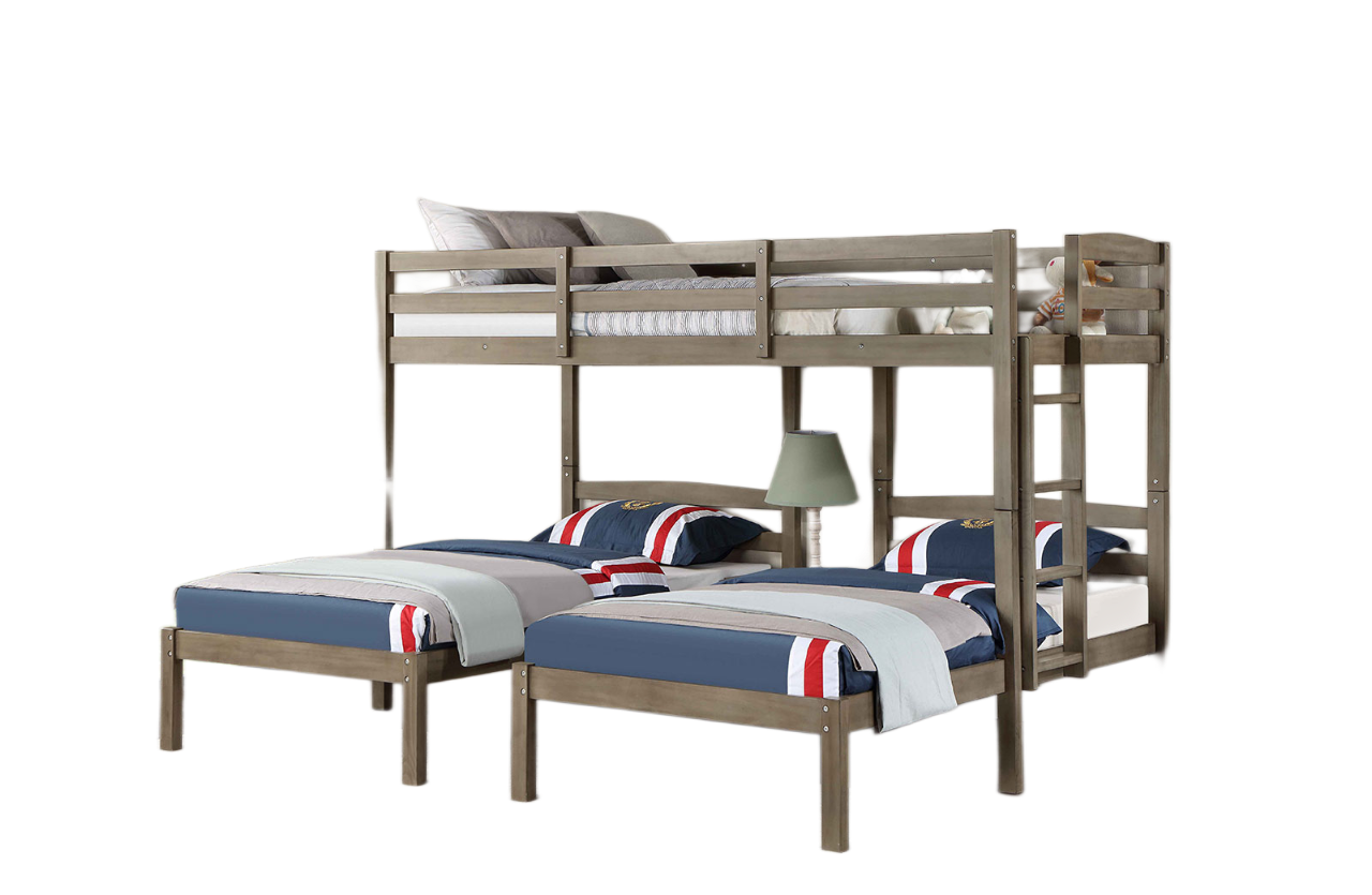 Triple Twin Bed Transitional Style USB Port And Power Outlet On Builtin Nightstand With Drawer, Warm Grey