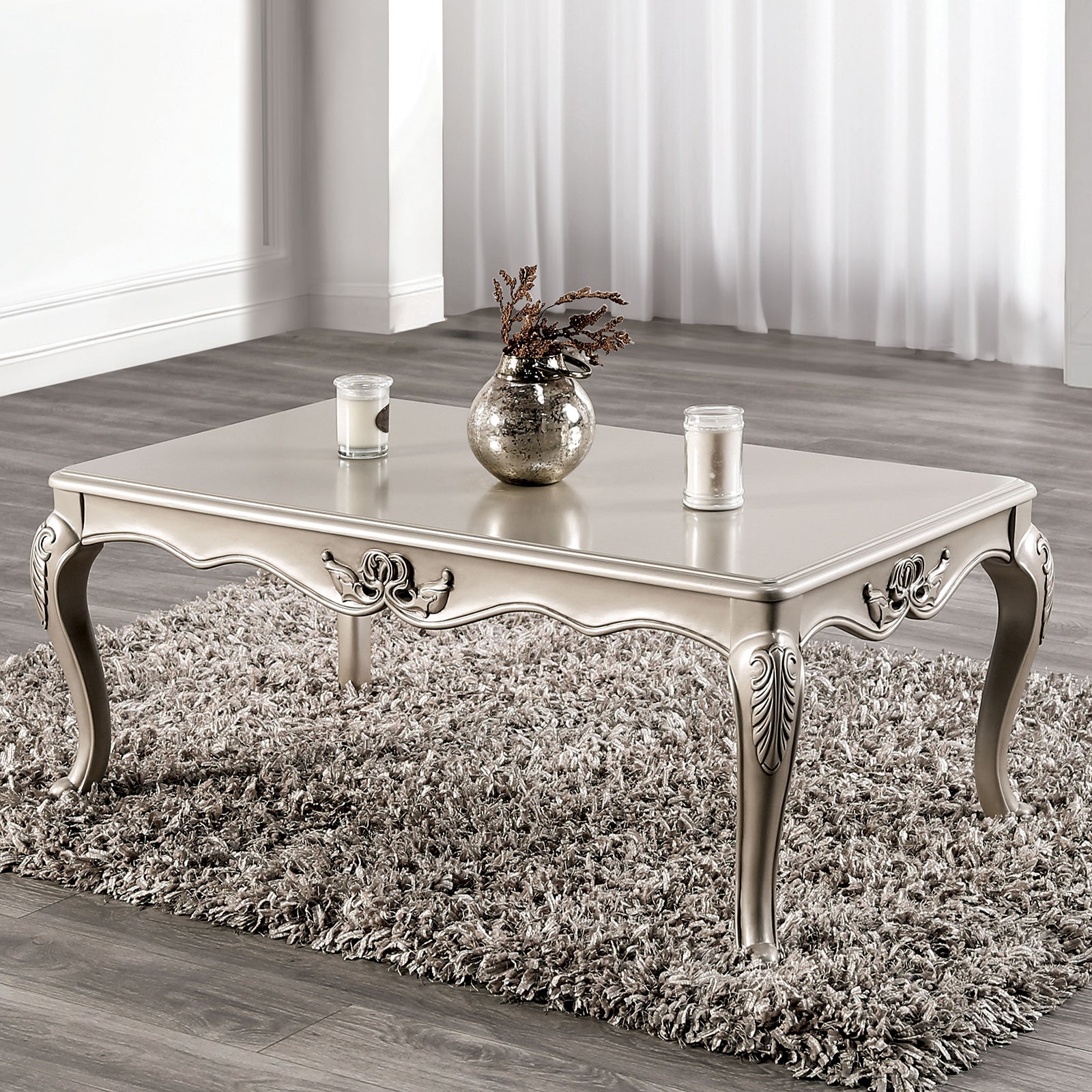 Traditional Style Coffee Table Curved Legs With Carved Design Solid Wood Structure Champagne Finish
