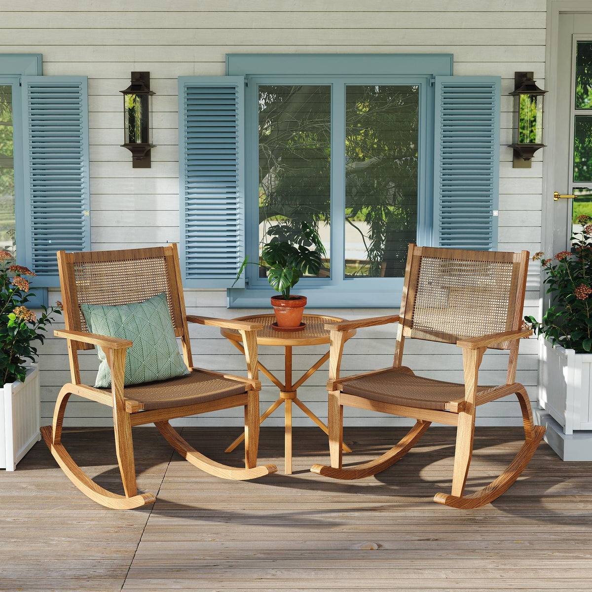 GO 2 Pieces Patio Rocking Chair Set, Acacia Wood Outdoor Rockers with Wicker Rattan Seat & Backrest, Comfortable Garden Porch Chairs for Backyard, Balcony, and Poolside, Natural