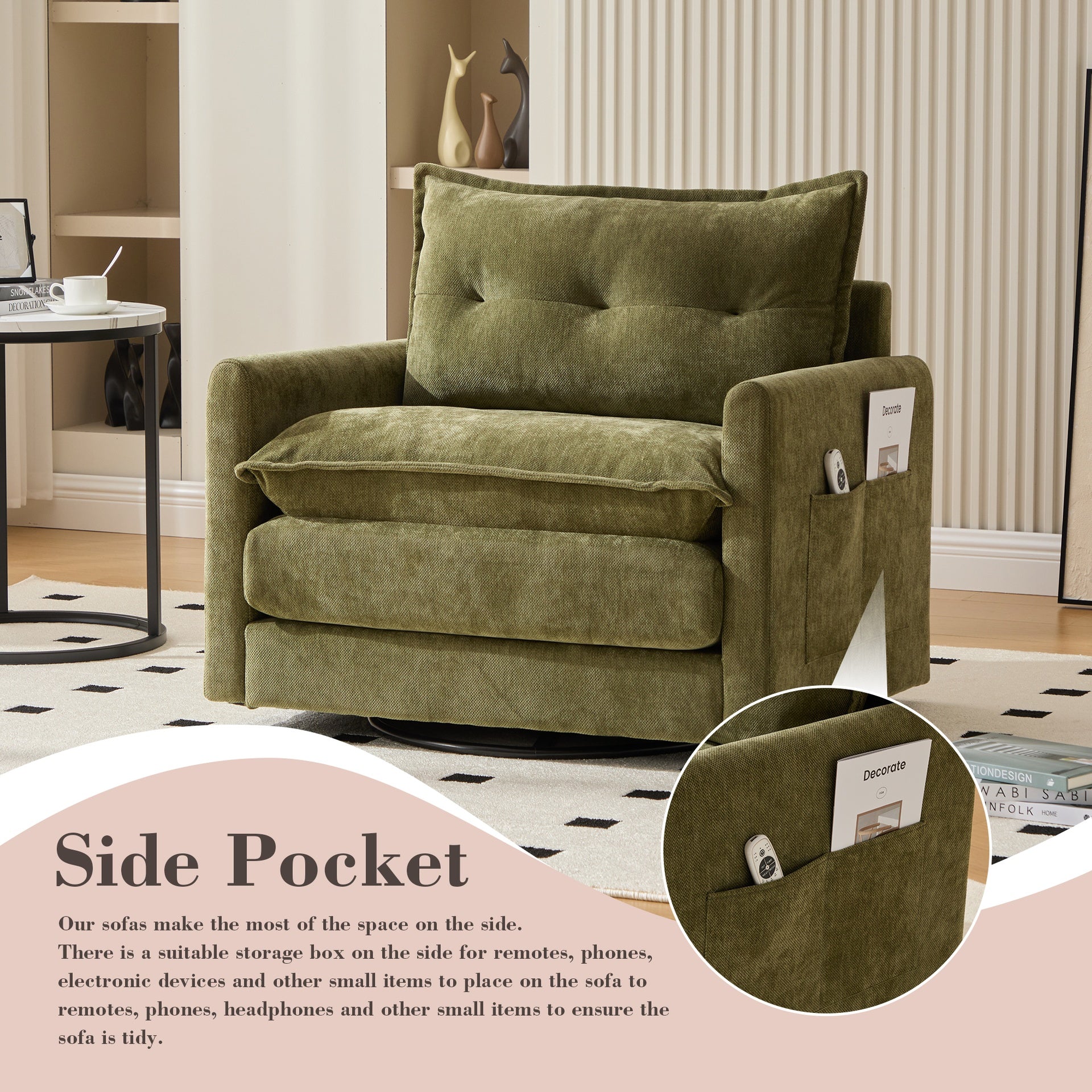 UNITED WE WIN Swivel Barrel Chair - Mid Century Modern Chair, Thick Padded Arm Chair with Solid Metal Base, Comfortable Single Sofa Chair, Swivel Accent Chair for Living Room Bedroom