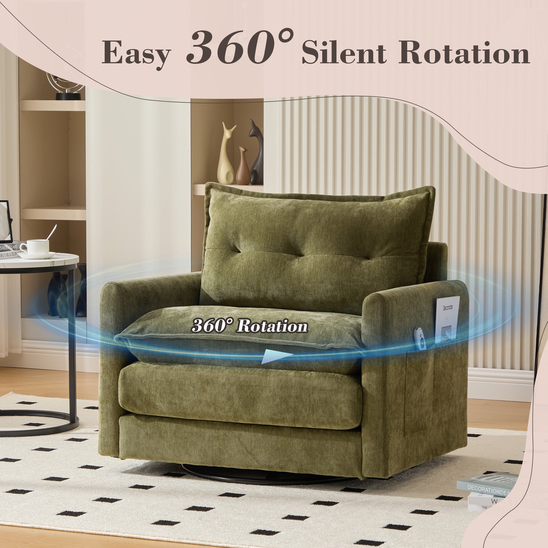 UNITED WE WIN Swivel Barrel Chair - Mid Century Modern Chair, Thick Padded Arm Chair with Solid Metal Base, Comfortable Single Sofa Chair, Swivel Accent Chair for Living Room Bedroom