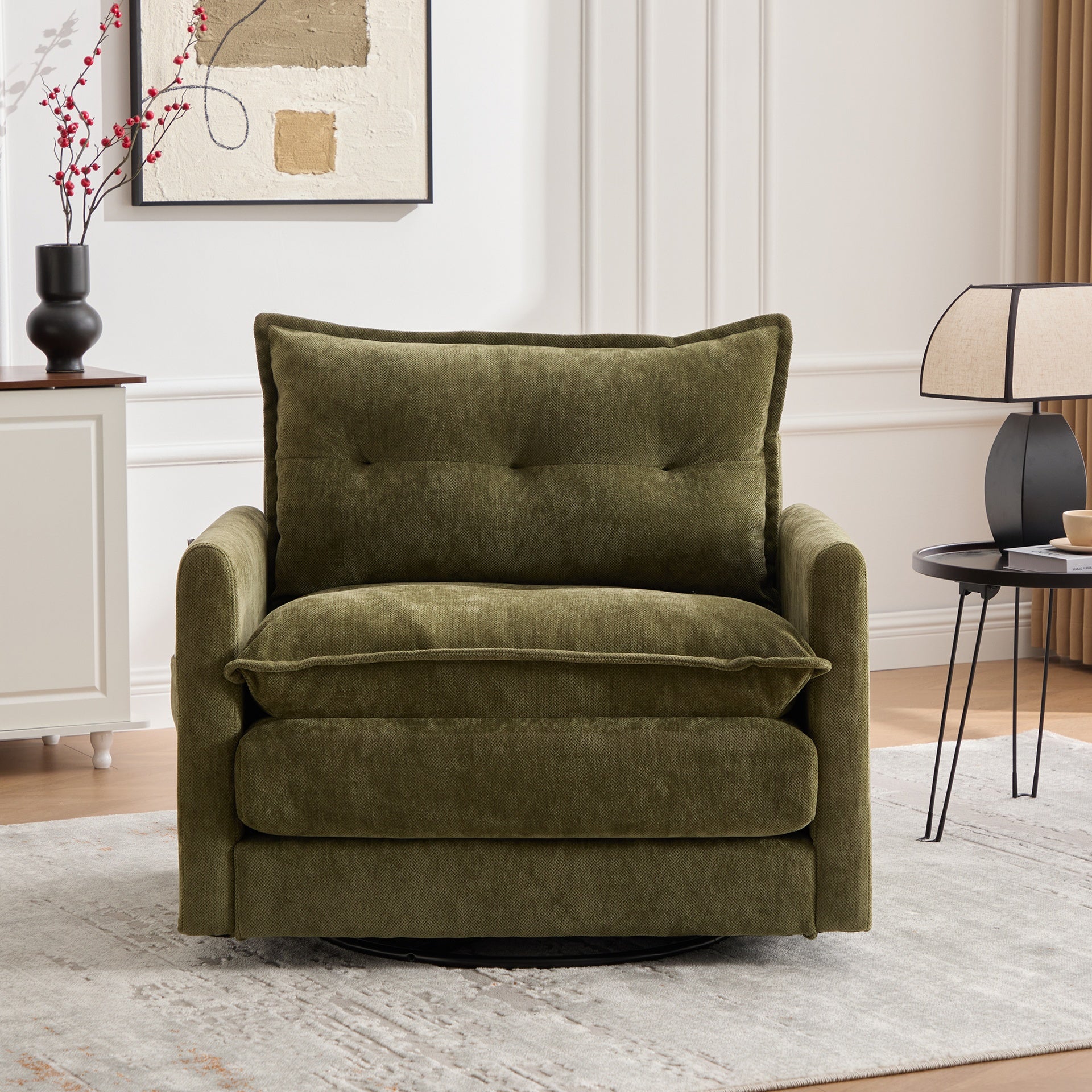 UNITED WE WIN Swivel Barrel Chair - Mid Century Modern Chair, Thick Padded Arm Chair with Solid Metal Base, Comfortable Single Sofa Chair, Swivel Accent Chair for Living Room Bedroom