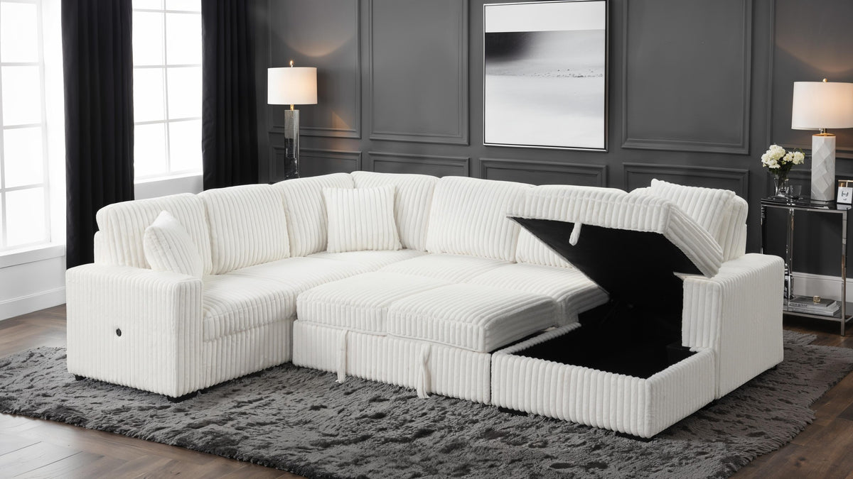 Grande Modern Style Sectional Sofa with USB-C, Sleeper Function & Storage Made with wood in Cream(CA INVENTORY)