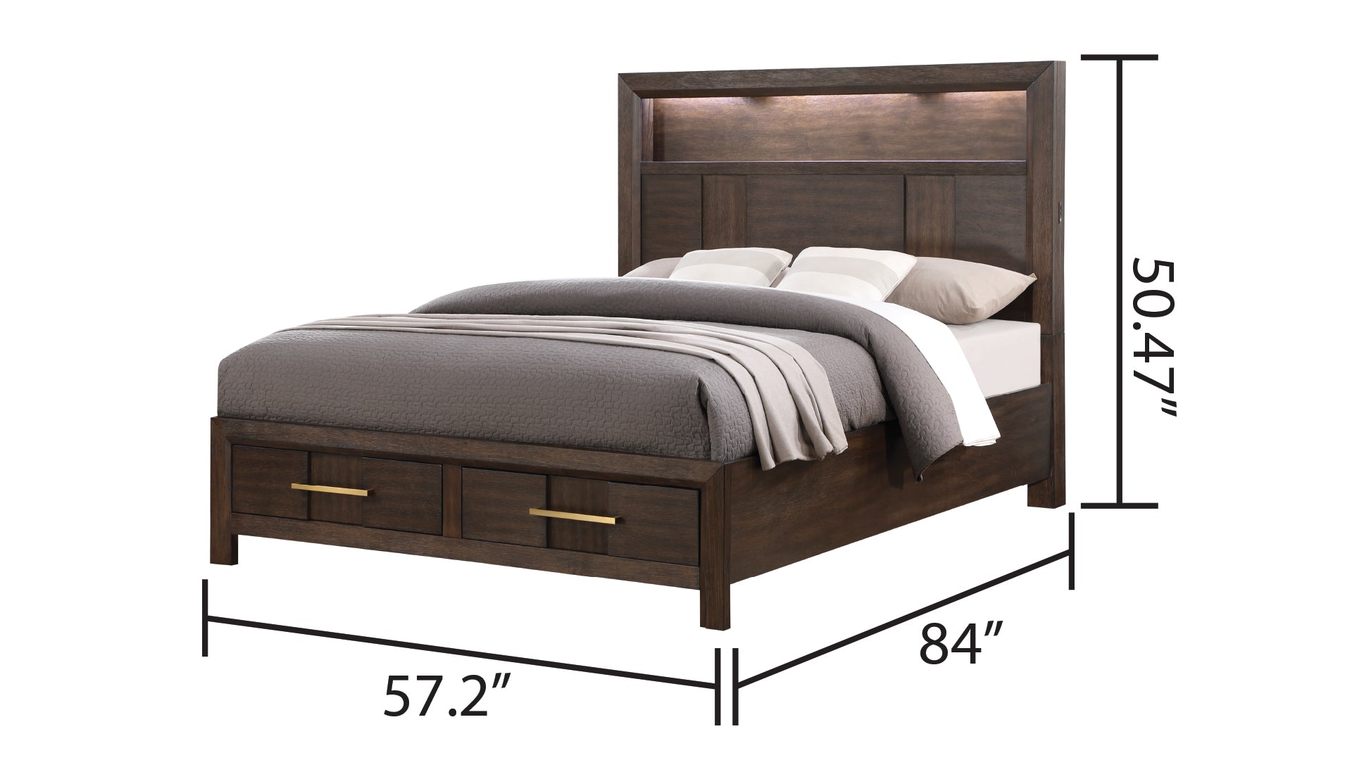 KENZO Modern Style Full 4PC Storage Bedroom Set Made with Wood, LED Headboard, Bluetooth Speakers & USB Ports - Walnut(NJ INVENTORY)