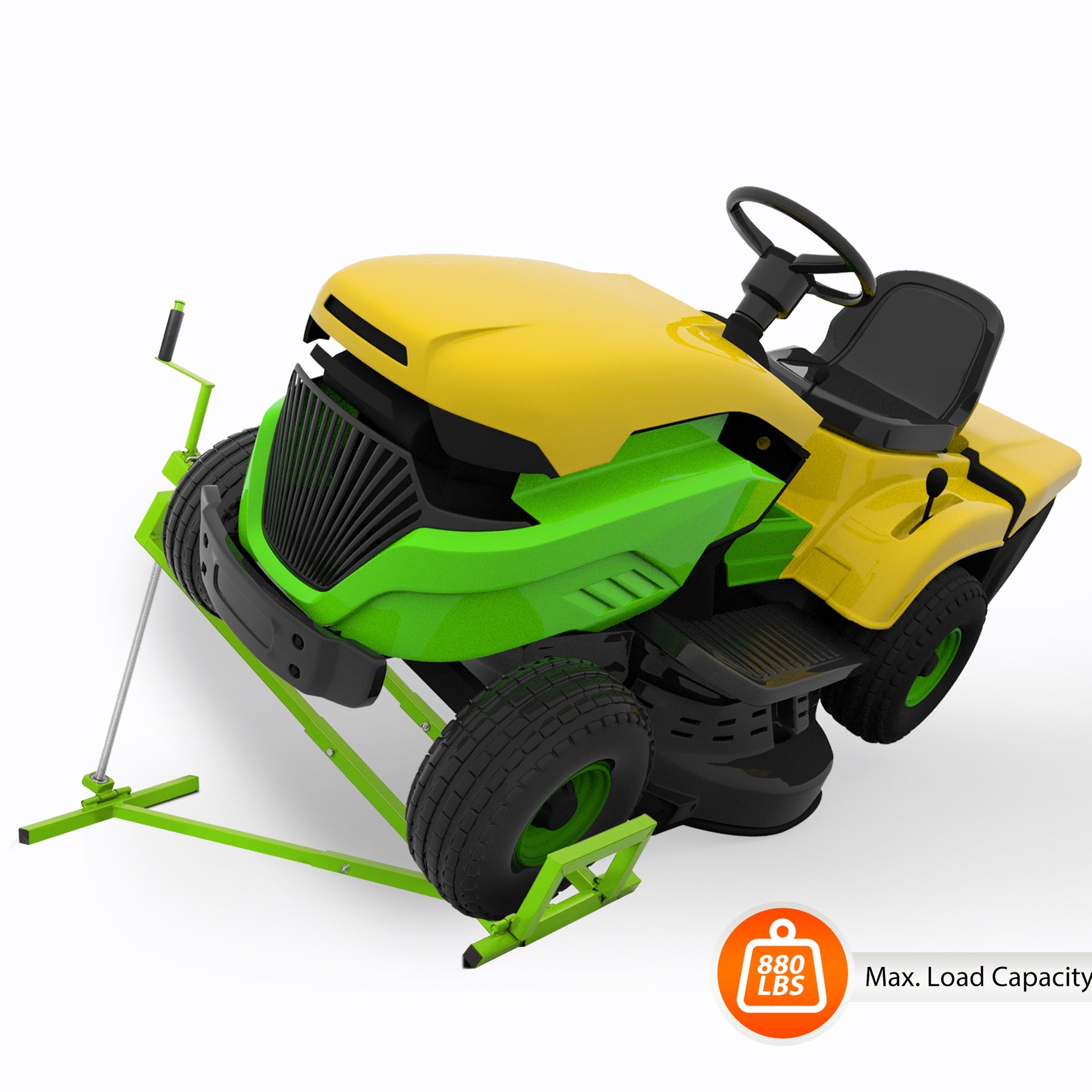 Heavy Duty Steel Riding Mower Lift, 880 Lbs Lawn Mower Lift Jack, Foldable Lawn Tractor Lift, Telescopic Maintenance Jack with Manual & Power Tool Handle for Lawn Mowers and Garden Tractors, Green
