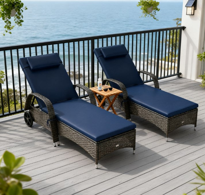 Rolling Outdoor Chairs,2 Reclining Chaise Lounge Chairs,with Cushion, Pillow, Headrest, Armrests, and Wheels