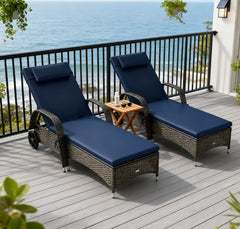 Rolling Outdoor Chairs,2 Reclining Chaise Lounge Chairs,with Cushion, Pillow, Headrest, Armrests, and Wheels