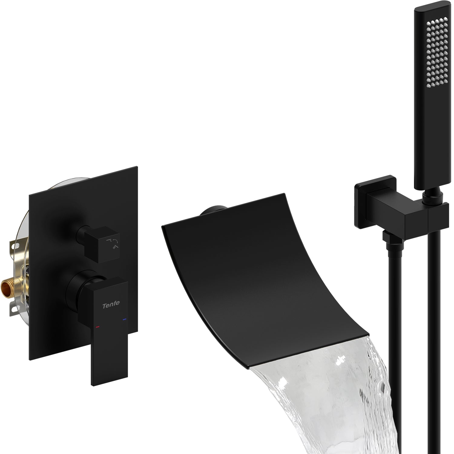 Male NPT Waterfall Shower head with Handheld,Matte Black Bathtub Shower Faucet with High Flow Wall Mount Tub Faucet,Single Handle Bathroom Tub Mixer Tap Hand Shower System with Curved Spout Commercial