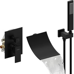 Male NPT Waterfall Shower head with Handheld,Matte Black Bathtub Shower Faucet with High Flow Wall Mount Tub Faucet,Single Handle Bathroom Tub Mixer Tap Hand Shower System with Curved Spout Commercial