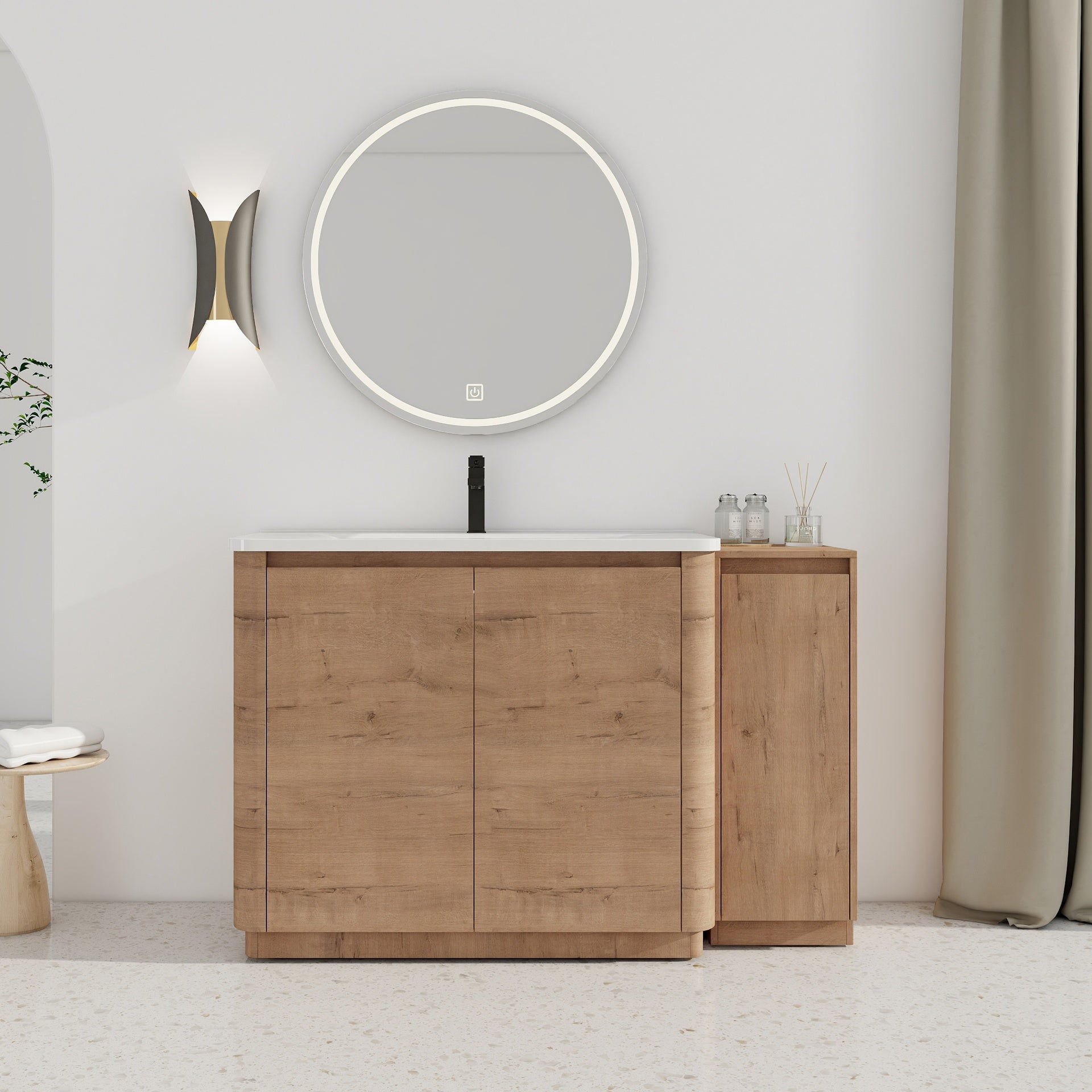 52'' Freestanding Bathroom Vanity with White Ceramic Sink, and 1-Small Storage Cabinet, Soft-Close Door, Imitative Oak, KD-Packing, Plywood