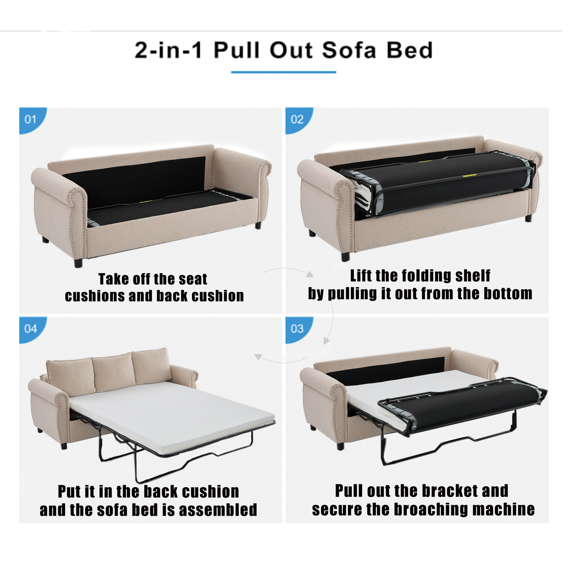 81.5" 2-in-1 Queen  Convertible Sleeper Sofa Bed,  Pull Out Couch Bed,3 seater sofa bed,with 3.35" Memory Foam Mattress ,Rivet handrail,Living Room, Apartment,  Beige