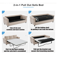 81.5" 2-in-1 Queen  Convertible Sleeper Sofa Bed,  Pull Out Couch Bed,3 seater sofa bed,with 3.35" Memory Foam Mattress ,Rivet handrail,Living Room, Apartment,  Beige