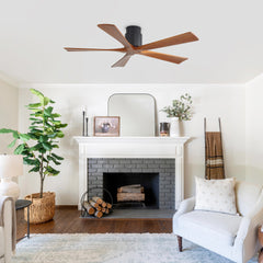 52-inch Matte Black Ceiling Fan without Light - Walnut Wood Blades, Remote Control , Reversible DC Motor