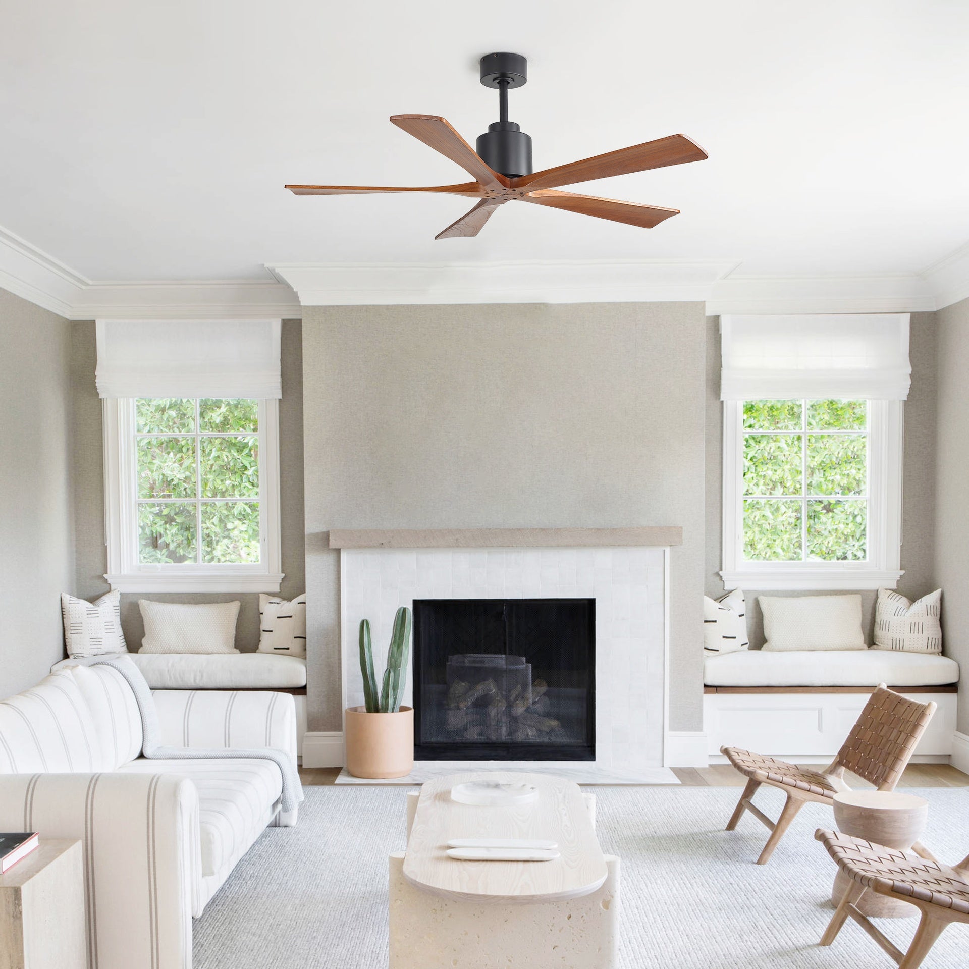 52-inch Matte Black Ceiling Fan without Light - Walnut Wood Blades, Remote Control , Reversible DC Motor